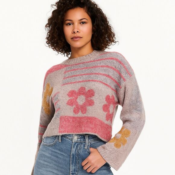 Boho Floral Knit Oversized Cropped Sweater Retro Pastels (Moon & Madison XS) - Picture 2 of 10